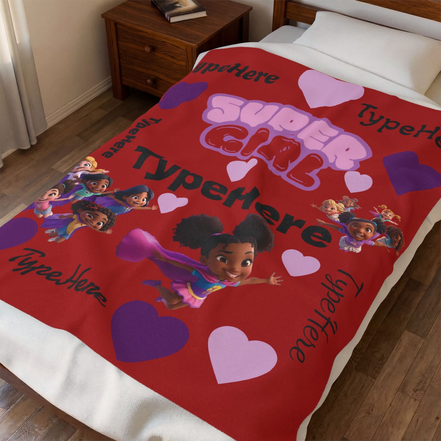 Super Girl Velveteen Plush Blanket – Personalized "Print It Your Way" Heart Design for Kids
