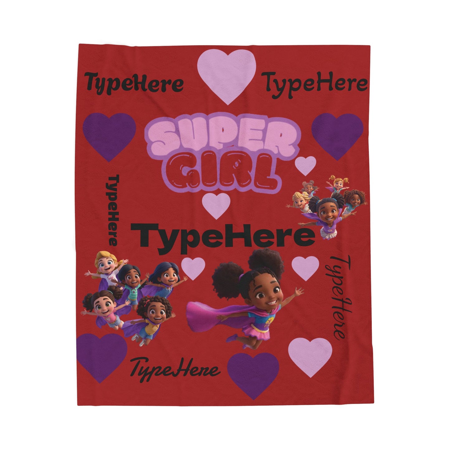 Super Girl Velveteen Plush Blanket – Personalized "Print It Your Way" Heart Design for Kids